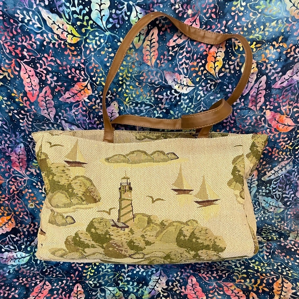 Vintage Lighthouse and sailboat tapestry bag Large